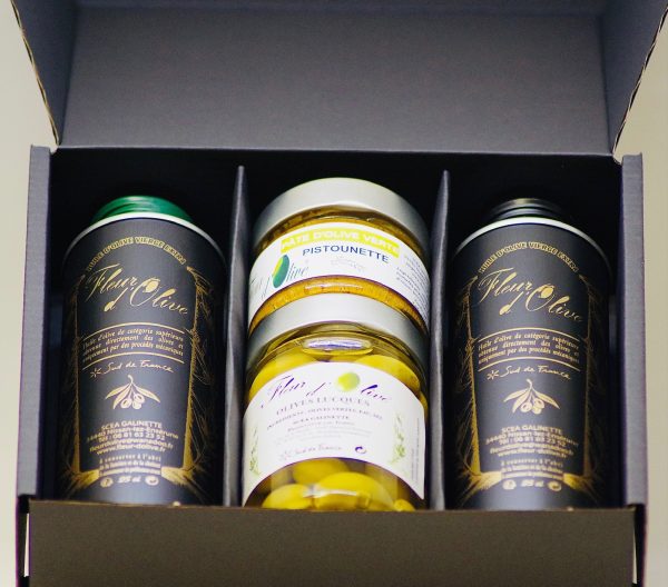 coffret 2 huiles olive pate olive olives vertes